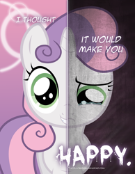 Size: 2158x2780 | Tagged: safe, artist:tehjadeh, sweetie belle, pony, unicorn, two sided posters, g4, crying, cute, diasweetes, dual persona, female, filly, grin, high res, sad, smiling, solo
