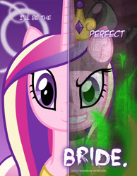 Size: 2158x2780 | Tagged: safe, artist:tehjadeh, princess cadance, queen chrysalis, alicorn, changeling, pony, two sided posters, g4, burning, crown, disguise, disguised changeling, evil smile, fake cadance, female, grin, high res, jewelry, mare, poster, regalia, smiling, solo, tiara