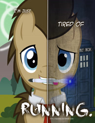 Size: 2158x2780 | Tagged: safe, artist:tehjadeh, doctor whooves, time turner, earth pony, pony, two sided posters, g4, crossover, doctor who, dual personality, high res, male, mouth hold, necktie, poster, solo, sonic screwdriver, stallion, tardis, the doctor