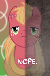 Size: 1000x1527 | Tagged: safe, artist:the smiling pony, big macintosh, earth pony, pony, two sided posters, g4, ..., eeyup, looking at you, male, nope, parody, stallion, straw in mouth