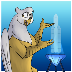 Size: 1000x1000 | Tagged: safe, artist:foxenawolf, oc, oc only, oc:lucida path, hippogriff, fanfic:life love and death in the house of path, beak, crystal, fanfic art, hologram, solo, wings