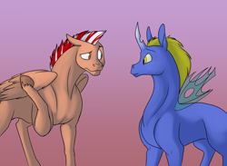 Size: 1000x733 | Tagged: safe, artist:foxenawolf, oc, oc only, oc:cloud thumper, pegasus, pony, fanfic:life love and death in the house of path, changeling hybrid, duo, fanfic art, horn, male, shrug, stallion