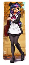 Size: 1237x2750 | Tagged: safe, artist:king-kakapo, twilight sparkle, human, g4, apron, bag, bow, clothes, dress, eyebrows, eyebrows visible through hair, female, humanized, looking away, mary janes, pantyhose, school uniform, shoes, skirt, solo, uniform