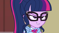 Size: 1920x1080 | Tagged: safe, screencap, sci-twi, twilight sparkle, equestria girls, equestria girls specials, g4, my little pony equestria girls: better together, my little pony equestria girls: holidays unwrapped, the cider louse fools, blinking, bowtie, evil grin, female, geode of telekinesis, glasses, grin, jewelry, lip bite, magical geodes, pendant, polo shirt, ponytail, smiling, smirk