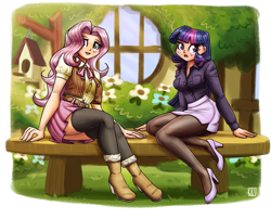 Size: 2650x2143 | Tagged: safe, artist:king-kakapo, part of a set, fluttershy, twilight sparkle, human, bench, blushing, boots, breasts, clothes, duo, duo female, female, fluttershy's cottage, high heels, high res, humanized, looking at you, multiple variants, pantyhose, ribbon, shoes, skirt, socks, thigh highs, vest, zettai ryouiki