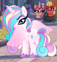 Size: 858x931 | Tagged: safe, artist:owocrystalcatowo, sprout cloverleaf, sunny starscout, oc, oc:crystal heart, alicorn, earth pony, pony, g5, my little pony: a new generation, alicorn oc, butt, female, horn, mare, offspring, parent:princess cadance, parent:shining armor, parents:shiningcadance, plot, race swap, ship:crystalsprout, sunnycorn, wings