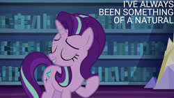 Size: 1280x720 | Tagged: safe, edit, edited screencap, editor:quoterific, screencap, starlight glimmer, pony, unicorn, every little thing she does, g4, season 6, eyes closed, female, mare, smiling, solo, twilight's castle