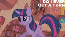 Size: 1280x720 | Tagged: safe, edit, edited screencap, editor:quoterific, screencap, twilight sparkle, pony, unicorn, g4, look before you sleep, season 1, cute, female, golden oaks library, mare, open mouth, open smile, raised hoof, smiling, solo, twiabetes, unicorn twilight