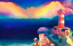 Size: 4096x2600 | Tagged: safe, artist:legionsunite, sunny starscout, earth pony, pony, g5, my little pony: a new generation, cliff, cloud, color porn, colorful, high res, home, house, lighthouse, maretime bay, ocean, scenery, solo, sunny's house