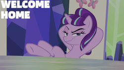 Size: 1280x720 | Tagged: safe, edit, edited screencap, editor:quoterific, screencap, starlight glimmer, pony, unicorn, g4, season 5, the cutie re-mark, female, looking at you, mare, s5 starlight, smiling, smiling at you, solo, twilight's castle, welcome home twilight