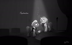 Size: 1920x1214 | Tagged: safe, artist:bearmation, izzy moonbow, sprout cloverleaf, earth pony, pony, unicorn, g5, my little pony: a new generation, 40s, clothes, dress, female, looking at each other, looking at someone, male, mare, monochrome, necktie, noir, ship:izzysprout, shipping, spotlight, stage, stallion, straight, unshorn fetlocks, vest