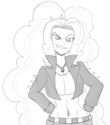 Size: 1089x1240 | Tagged: safe, artist:reiduran, adagio dazzle, equestria girls, g4, belly button, belly piercing, bellyring, clothes, jacket, leather jacket, monochrome, piercing, smiling, smirk, solo