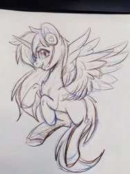 Size: 2449x3265 | Tagged: safe, oc, oc only, oc:diana melody, alicorn, pony, flying, headphones, high res, solo, traditional art