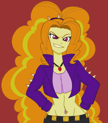 Size: 1089x1240 | Tagged: source needed, safe, artist:reiduran, color edit, edit, adagio dazzle, equestria girls, g4, belly button, belly piercing, bellyring, brown background, colored, female, grin, hand on hip, piercing, simple background, smiling, smirk, solo