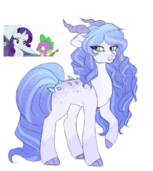 Size: 1280x1437 | Tagged: safe, artist:void-sommar, rarity, spike, oc, dracony, dragon, hybrid, pony, unicorn, g4, claw hooves, floppy ears, horns, interspecies offspring, offspring, parent:rarity, parent:spike, parents:sparity, screencap reference, simple background, smiling, white background
