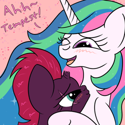 Size: 2000x2000 | Tagged: safe, artist:dafiltafish, princess celestia, tempest shadow, alicorn, pony, unicorn, g4, blushing, crack shipping, female, high res, kissy face, lesbian, shipping, tempestia, text