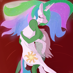 Size: 3000x3000 | Tagged: safe, artist:enonnnymous, princess celestia, oc, oc:anon, alicorn, human, pony, g4, /sun/, bed, blushing, chest fluff, clothes, cuddling, cute, cutelestia, dock, duo, eyes closed, four-limbed hug, high res, hug, human on pony snuggling, love, lying down, pillow, sigh, sleeping, smiling, snuggling, tail, tired, transparent wings, underwear, wing blanket, winghug, wings