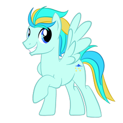 Size: 1500x1500 | Tagged: safe, artist:magicpebbles, oc, oc only, oc:starstorm, pegasus, pony, blue eyes, full body, male, multicolored mane, multicolored tail, pegasus oc, raised hoof, show accurate, simple background, smiling, solo, spread wings, stallion, standing, tail, transparent background, wings