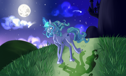 Size: 5000x3000 | Tagged: safe, artist:just-silvushka, oc, oc only, pony, unicorn, chest fluff, cloud, female, full moon, glowing, glowing horn, horn, mare, moon, night, outdoors, shooting star, smiling, stars, unicorn oc