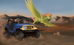 Size: 5808x3544 | Tagged: safe, artist:royvdhel-art, oc, oc only, oc:tropical smoothie, human, pegasus, pony, car, clothes, desert, duo, flying, jeep, mountain, outdoors, pegasus oc, wings