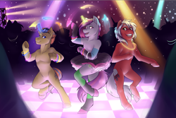 Size: 4092x2726 | Tagged: safe, artist:royvdhel-art, oc, oc only, earth pony, unicorn, semi-anthro, arm hooves, checkered floor, dancing, earth pony oc, glowing, glowing horn, glowstick, horn, indoors, smiling, unicorn oc