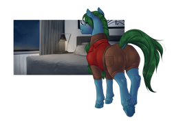 Size: 4332x3093 | Tagged: safe, artist:royvdhel-art, oc, oc only, earth pony, pony, bed, butt, clothes, dock, earth pony oc, indoors, plot, solo, tail