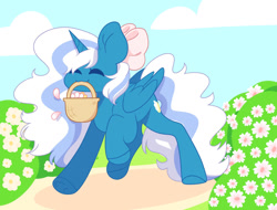 Size: 1280x973 | Tagged: safe, artist:beeshoneymiik, oc, oc:fleurbelle, alicorn, pony, alicorn oc, basket, bow, eyes closed, female, flower, hair bow, horn, mare, mouth hold, sky, solo, wings