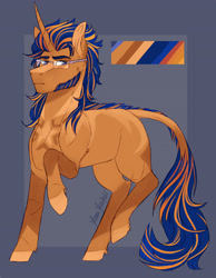 Size: 3370x4353 | Tagged: safe, artist:yumeyuuheii, oc, oc only, pony, unicorn, abstract background, glasses, horn, leonine tail, male, reference sheet, signature, stallion, story included, tail, unicorn oc