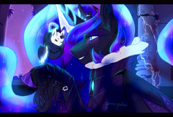 Size: 3700x2500 | Tagged: safe, artist:yumeyuuheii, nightmare moon, oc, alicorn, pony, g4, baby, baby pony, castle, ethereal mane, female, high res, mare, night, parent:nightmare moon, smiling, starry mane, stars, story included
