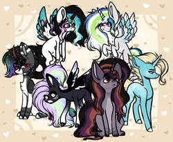 Size: 1395x1152 | Tagged: safe, artist:beamybutt, oc, oc only, pegasus, pony, unicorn, abstract background, base used, ethereal mane, flying, group, horn, offspring, parent:king sombra, parent:princess celestia, parents:celestibra, pegasus oc, starry mane, unicorn oc