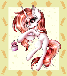 Size: 4000x4500 | Tagged: safe, artist:beamybutt, oc, oc only, pony, unicorn, abstract background, cupcake, ear fluff, female, food, horn, mare, unicorn oc