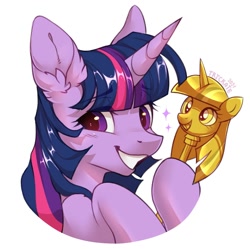 Size: 2000x2000 | Tagged: safe, artist:trickate, twilight sparkle, pony, collaboration:too many twilight, bust, collaboration, cute, eye clipping through hair, eyebrows, eyebrows visible through hair, female, grin, high res, horn, mare, portrait, scepter, simple background, smiling, solo, sparkles, twiabetes, twilight scepter, white background