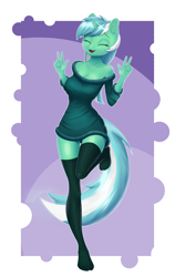 Size: 2400x3800 | Tagged: safe, artist:junglemango, lyra heartstrings, unicorn, anthro, plantigrade anthro, g4, breasts, busty lyra heartstrings, clothes, double peace sign, eyes closed, full body, high res, horn, off shoulder, off shoulder sweater, peace sign, smiling, socks, solo, stocking feet, stockings, sweater, thigh highs