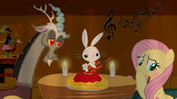 Size: 1280x720 | Tagged: safe, artist:mlplary6, angel bunny, discord, fluttershy, draconequus, pegasus, pony, rabbit, g4, animal, blushing, candle, candlelight, date, discord lamp, female, food, guitar, hoof on chin, looking back, male, mare, music notes, musical instrument, pasta, ship:discoshy, shipping, smiling, spaghetti, straight, trio