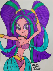 Size: 1024x1366 | Tagged: safe, artist:kova360, aria blaze, equestria girls, g4, bandeau, belly button, belly dancer, belly dancer outfit, big breasts, bracelet, breasts, busty aria blaze, cleavage, human coloration, jewelry, looking at you, midriff, necklace, singing belly dancing rainbooms, smiling, solo, traditional art