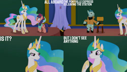 Size: 1280x720 | Tagged: safe, edit, edited screencap, editor:quoterific, screencap, on stage, princess celestia, raspberry beret, alicorn, earth pony, pony, g4, horse play, season 8, :o, beret, chair, chalkboard, crown, female, frown, hat, hoof shoes, jewelry, male, mare, open mouth, regalia, school of friendship, sitting, smiling, stallion, trio