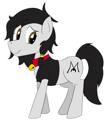 Size: 1568x1704 | Tagged: safe, artist:soccy, derpibooru exclusive, oc, oc only, oc:double m, earth pony, pony, 2022 community collab, derpibooru community collaboration, bell, bell collar, black mane, black tail, brown eyes, clothes, collar, crossdressing, earth pony oc, eyelashes, femboy, jacket, looking at you, male, pony oc, simple background, smiling, smiling at you, solo, stallion, stallion oc, tail, transparent background, white coat