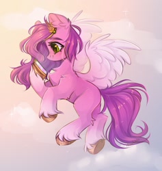 Size: 1652x1744 | Tagged: safe, artist:arisuyukita, pipp petals, pegasus, pony, g5, my little pony: a new generation, adorapipp, chest fluff, cloud, cute, ear fluff, female, flying, hoof hold, mare, phone, side view, solo, spread wings, unshorn fetlocks, wings