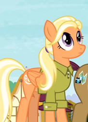 Size: 558x768 | Tagged: safe, screencap, mane allgood, snap shutter, earth pony, pegasus, pony, g4, season 9, the last crusade, cropped, female, folded wings, looking at something, male, mare, offscreen character, outdoors, purple eyes, show accurate, stallion, standing, tail, two toned mane, two toned tail, wings
