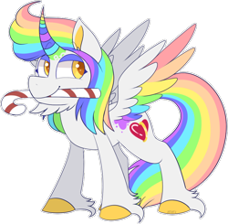 Size: 850x832 | Tagged: safe, artist:jetjetj, oc, oc only, oc:spectrum, alicorn, pony, candy, candy cane, colored wings, food, male, mouth hold, multicolored wings, simple background, solo, stallion, transparent background, wings