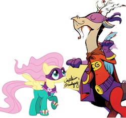 Size: 943x883 | Tagged: safe, artist:11drakezgm, edit, edited screencap, idw, screencap, discord, fluttershy, saddle rager, draconequus, pegasus, pony, g4, background removed, cape, captain goodguy, clothes, duo, eyes closed, female, frown, male, mare, power ponies, raised hoof, simple background, smiling, spread wings, superhero, superhero costume, white background, wings