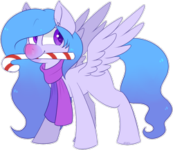 Size: 880x761 | Tagged: safe, artist:jetjetj, oc, oc only, oc:sniffles, alicorn, pony, candy, candy cane, clothes, female, food, mare, mouth hold, scarf, simple background, solo, transparent background