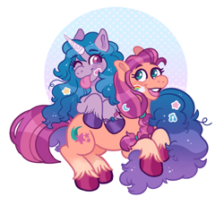 Size: 2048x1875 | Tagged: safe, artist:cuelerae, izzy moonbow, sunny starscout, earth pony, pony, unicorn, g5, my little pony: a new generation, spoiler:my little pony: a new generation, duo, duo female, female, mare, one eye closed, sticker, tongue out