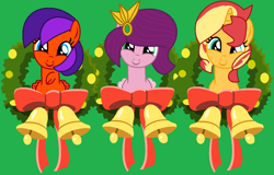 Size: 1356x866 | Tagged: safe, artist:jadeharmony, pipp petals, sunset shimmer, oc, oc:jade harmony, pegasus, pony, unicorn, g4, g5, my little pony: a new generation, bell, christmas, female, g5 to g4, generation leap, green background, holiday, looking at you, mare, simple background, smiling