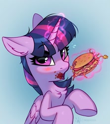 Size: 1772x2000 | Tagged: safe, artist:taneysha, twilight sparkle, alicorn, pony, blushing, burger, chest fluff, female, food, hay burger, ketchup, levitation, looking at you, magic, messy eating, open mouth, sauce, solo, telekinesis, that pony sure does love burgers, twilight burgkle, twilight sparkle (alicorn)