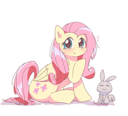 Size: 1100x1000 | Tagged: safe, artist:leo19969525, angel bunny, fluttershy, pegasus, pony, rabbit, g4, animal, blushing, cute, duo, female, looking at you, shyabetes, simple background, sitting, white background
