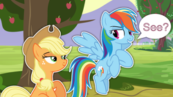 Size: 1600x900 | Tagged: safe, artist:whiteplumage233, applejack, rainbow dash, earth pony, pegasus, pony, g4, apple, apple tree, applejack's hat, base used, cowboy hat, dialogue, duo, duo female, eye contact, female, flying, food, freckles, green eyes, hat, lidded eyes, looking at each other, mare, multicolored hair, multicolored mane, multicolored tail, outdoors, outline, palindrome get, rainbow hair, rainbow tail, sitting, smiling, speech bubble, spread wings, tail, tree, white outline, wings