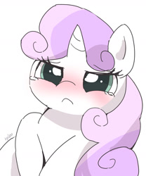 Size: 2000x2400 | Tagged: safe, artist:leo19969525, sweetie belle, pony, unicorn, g4, blushing, crying, cute, diasweetes, female, filly, high res, sad, sadorable, simple background, solo, white background