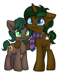Size: 2420x2719 | Tagged: safe, artist:dumbwoofer, oc, oc only, oc:pine shine, oc:rosetta spring, pony, unicorn, clothes, duo, embrace, female, high res, mare, scarf, siblings, simple background, sisters, size difference, striped scarf, transparent background