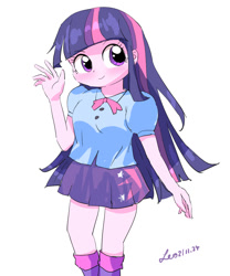 Size: 1000x1200 | Tagged: safe, artist:leo19969525, twilight sparkle, equestria girls, g4, clothes, cute, eyebrows, eyebrows visible through hair, female, simple background, skirt, solo, twiabetes, wave, white background